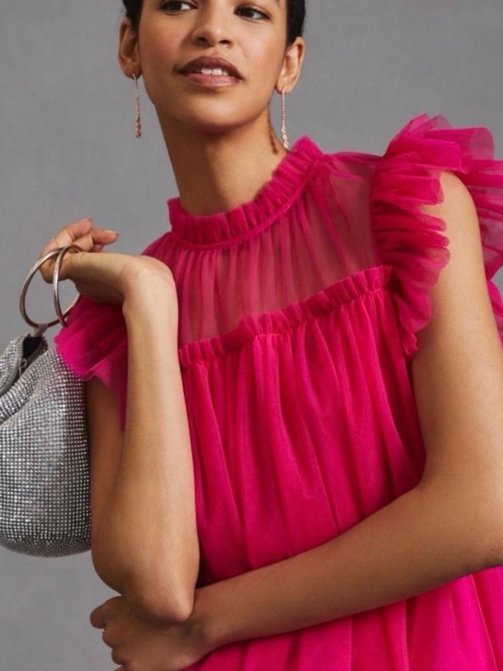 Anthropologie Hot Pink Ruffled Mesh Blouse